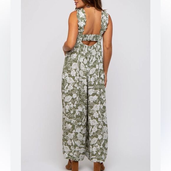 Elloh Light Olive Floral Ruffle Strap Jumpsuit Women’s Small - Picture 2 of 5